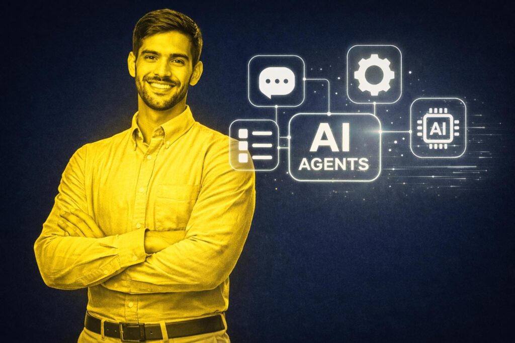 Young man stands smiling into the camera with AI Agents symbols on a transparent board