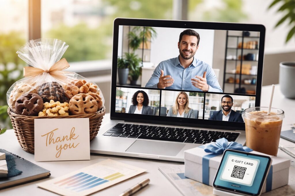 Video call with gift basket and card