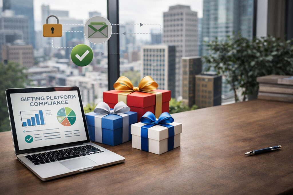 Laptop with gifts and compliance graphics