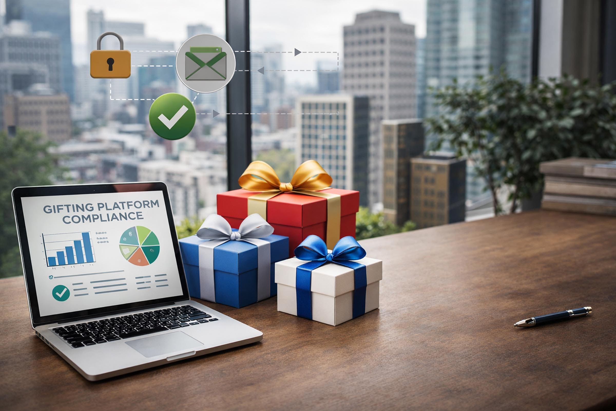 Laptop with gifts and compliance graphics
