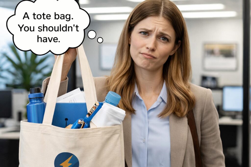 Woman holding tote bag, looking disappointed.